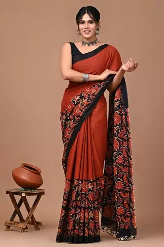 Maroon soft mul cotton saree with unstiched attached blouse piece