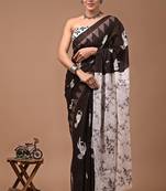 Dark brown soft mul cotton saree with unstiched attached blouse piece