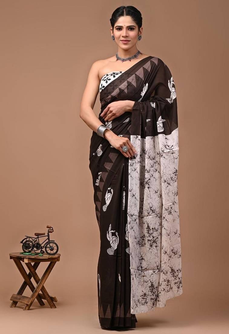 Dark brown soft mul cotton saree with unstiched attached blouse piece
