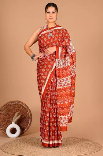Orange soft mul cotton saree with unstiched attached blouse piece