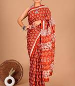 Orange soft mul cotton saree with unstiched attached blouse piece