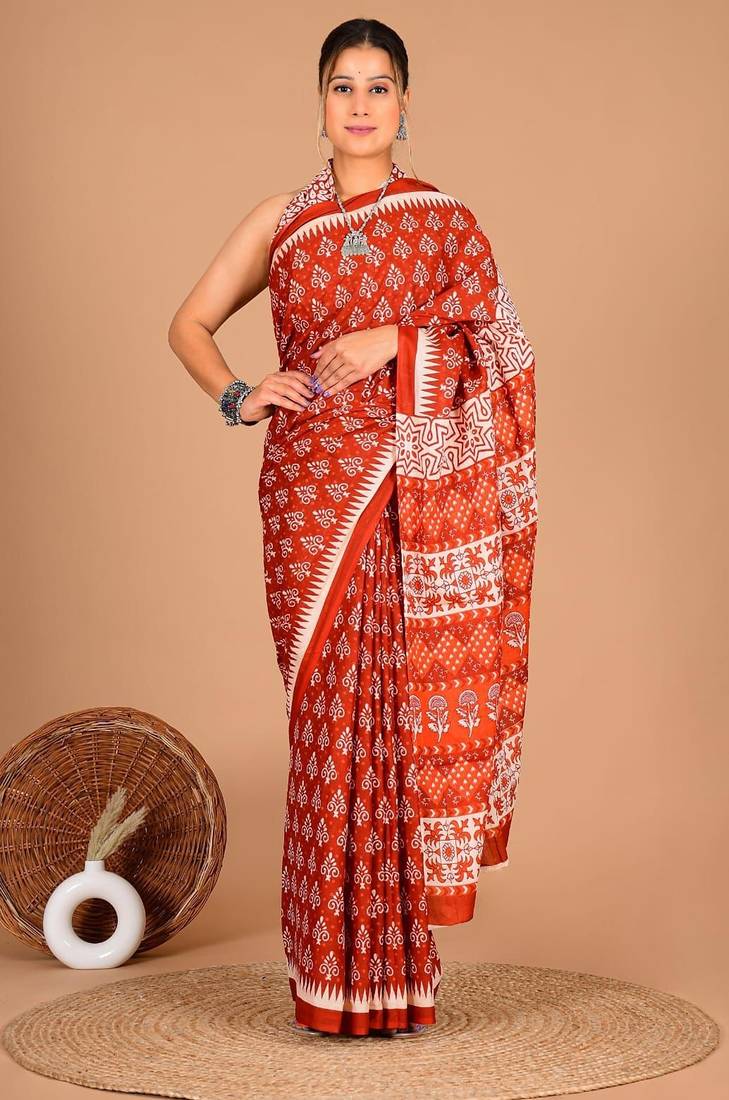 Orange soft mul cotton saree with unstiched attached blouse piece