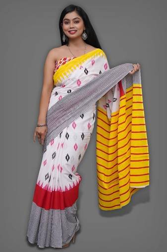 Multicolor soft mul cotton saree with unstiched attached blouse piece