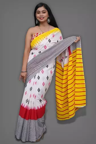 Multicolor soft mul cotton saree with unstiched attached blouse piece