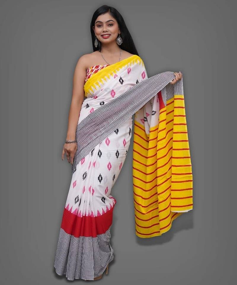 Multicolor soft mul cotton saree with unstiched attached blouse piece