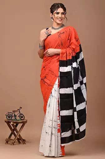 Multicolor soft mul cotton saree with unstiched attached blouse piece