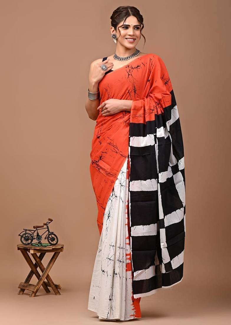 Multicolor soft mul cotton saree with unstiched attached blouse piece