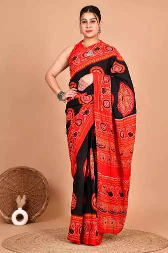 Red soft mul cotton saree with unstiched attached blouse piece