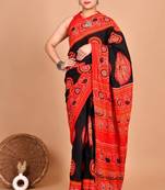 Red soft mul cotton saree with unstiched attached blouse piece