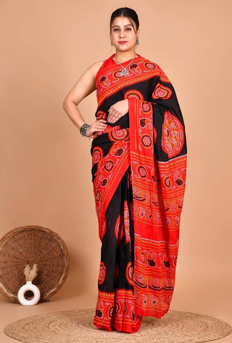 Red soft mul cotton saree with unstiched attached blouse piece