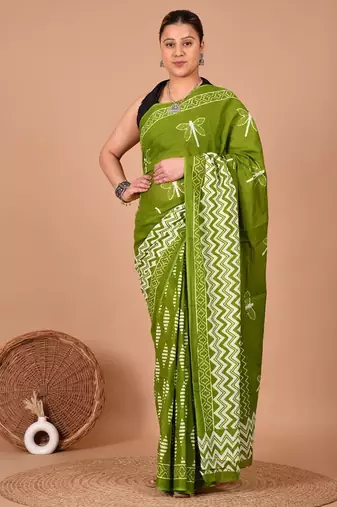 Green soft mul cotton saree with unstiched attached blouse piece
