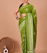 Green soft mul cotton saree with unstiched attached blouse piece