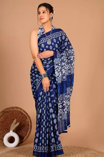 Blue soft mul cotton saree with unstiched attached blouse piece