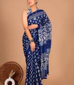Blue soft mul cotton saree with unstiched attached blouse piece