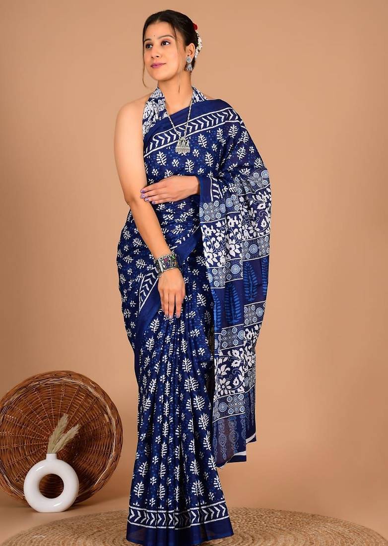 Blue soft mul cotton saree with unstiched attached blouse piece