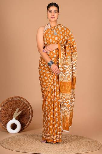 Orange soft mul cotton saree with unstiched attached blouse piece