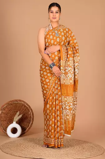 Orange soft mul cotton saree with unstiched attached blouse piece