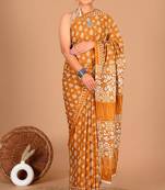 Orange soft mul cotton saree with unstiched attached blouse piece