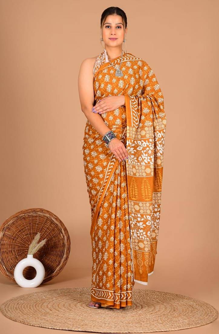 Orange soft mul cotton saree with unstiched attached blouse piece