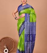 Green soft mul cotton saree with unstiched attached blouse piece