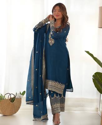 blue straight embroidered art silk kurta set 2