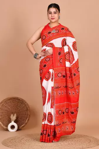 Red soft mul cotton saree with unstiched attached blouse piece