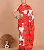 Red soft mul cotton saree with unstiched attached blouse piece