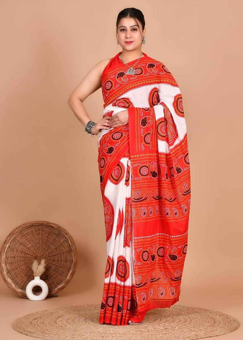 Red soft mul cotton saree with unstiched attached blouse piece