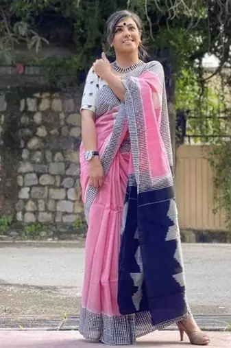 Pink soft mul cotton saree with unstiched attached blouse piece