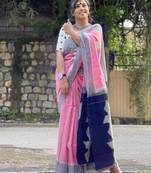 Pink soft mul cotton saree with unstiched attached blouse piece