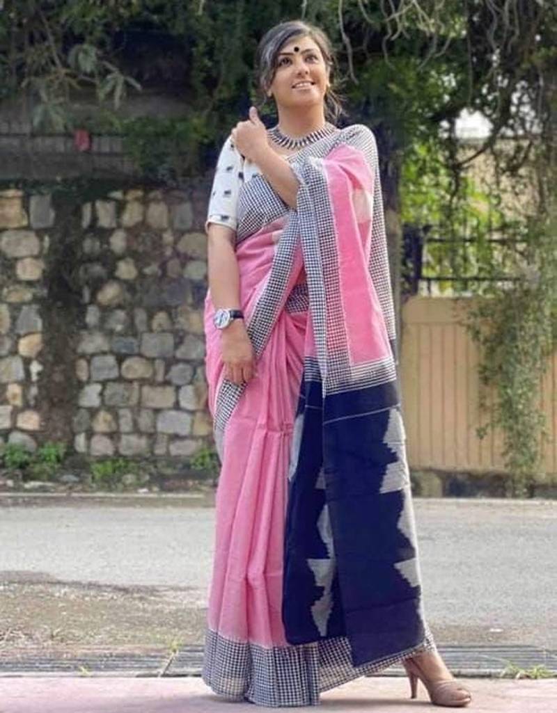 Pink soft mul cotton saree with unstiched attached blouse piece