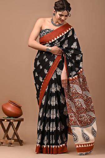 Black soft mul cotton saree with unstiched attached blouse piece