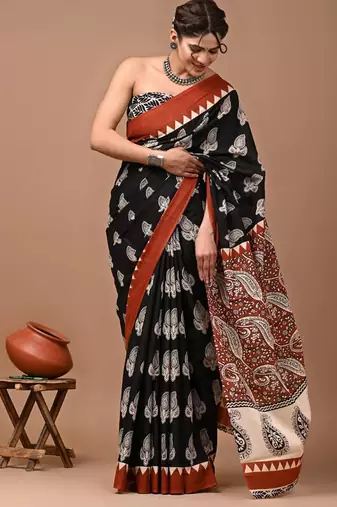 Black soft mul cotton saree with unstiched attached blouse piece