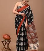 Black soft mul cotton saree with unstiched attached blouse piece