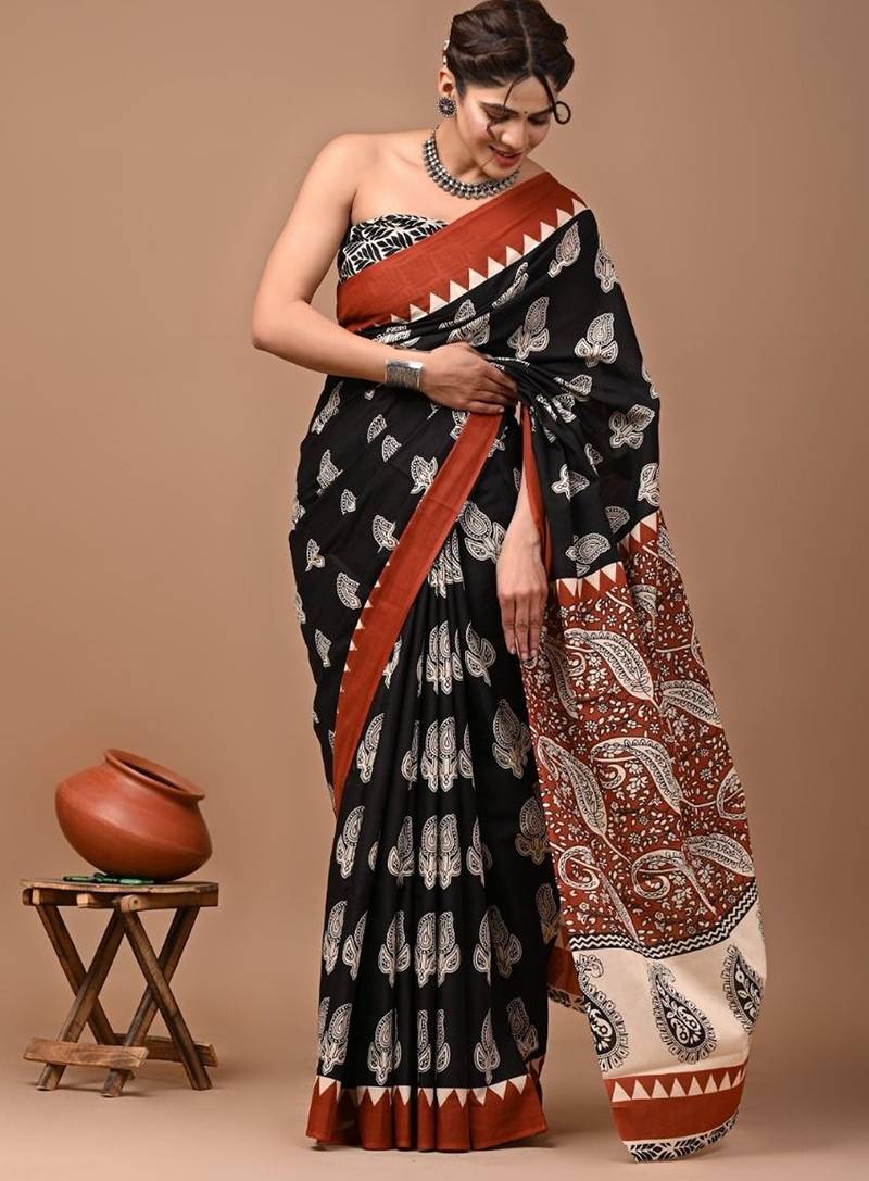 Black soft mul cotton saree with unstiched attached blouse piece