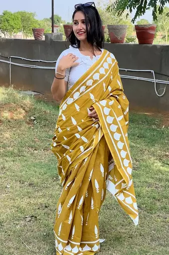 Mustard soft mul cotton saree with unstiched attached blouse piece