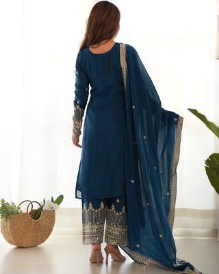 blue straight embroidered art silk kurta set 3