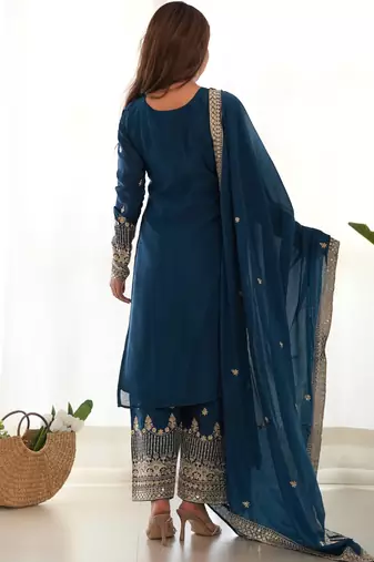 blue straight embroidered art silk kurta set
