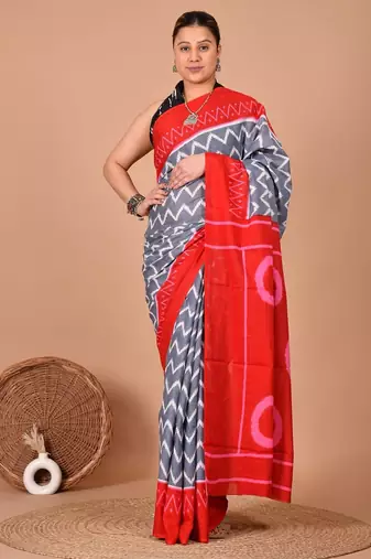 Grey soft mul cotton saree with unstiched attached blouse piece
