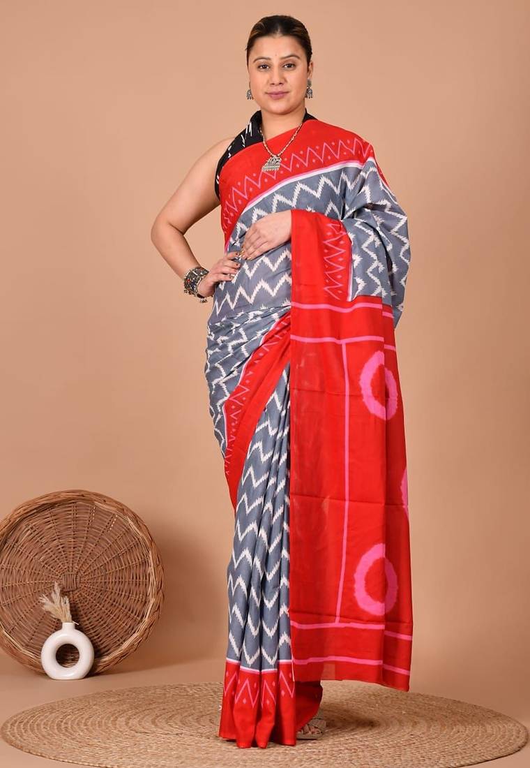 Grey soft mul cotton saree with unstiched attached blouse piece