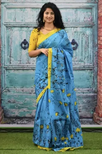Blue soft mul cotton saree with unstiched attached blouse piece