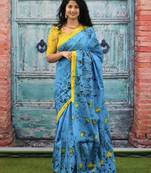 Blue soft mul cotton saree with unstiched attached blouse piece