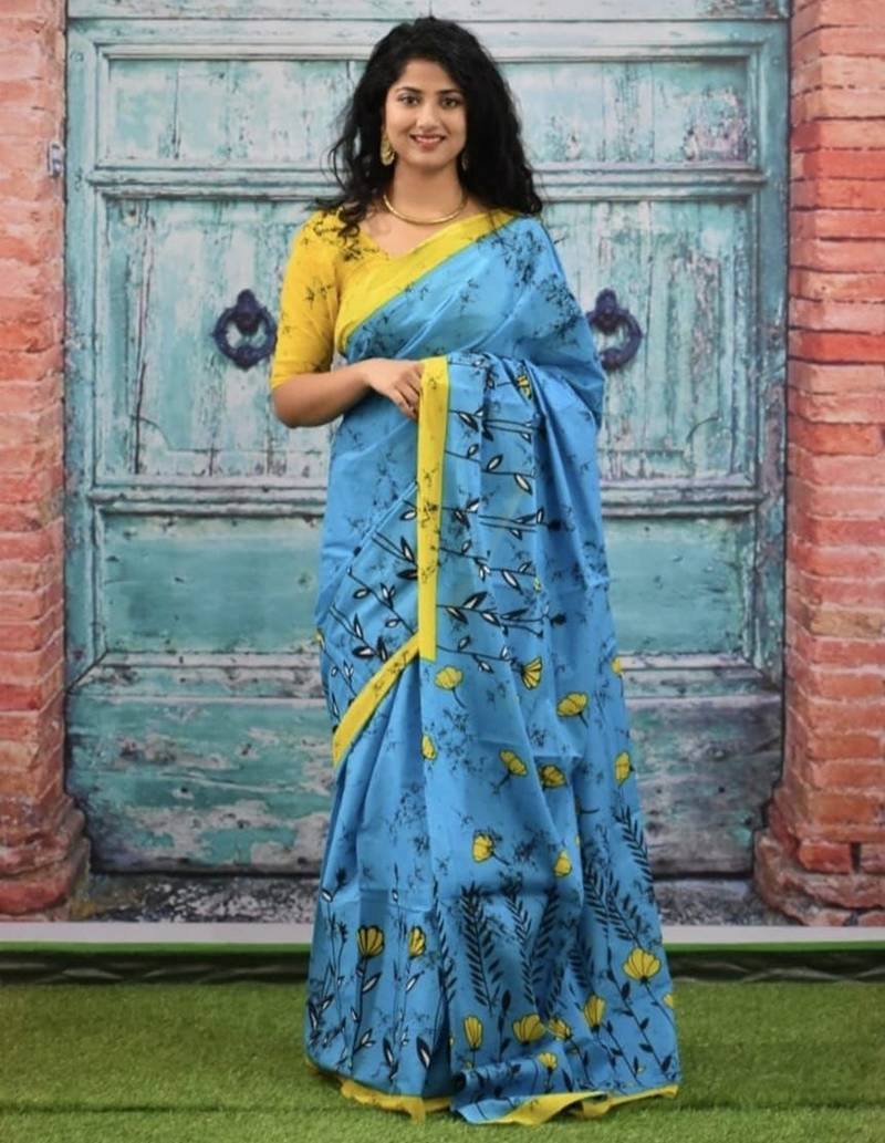 Blue soft mul cotton saree with unstiched attached blouse piece