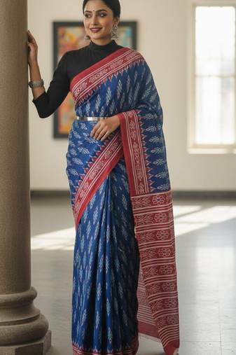 Blue soft mul cotton saree with unstiched attached blouse piece