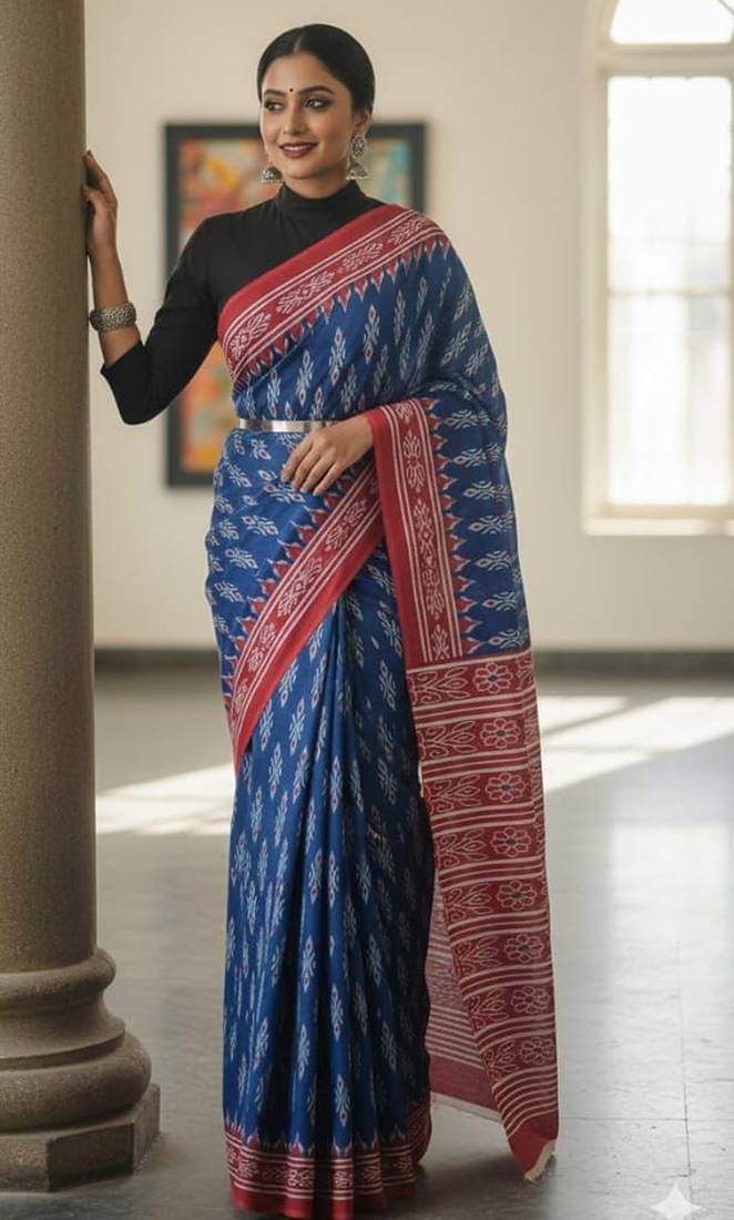 Blue soft mul cotton saree with unstiched attached blouse piece