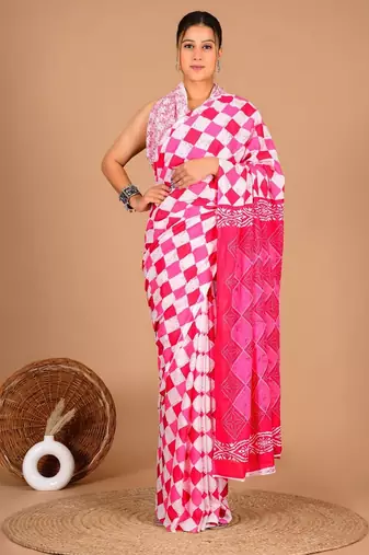 Pink soft mul cotton saree with unstiched attached blouse piece