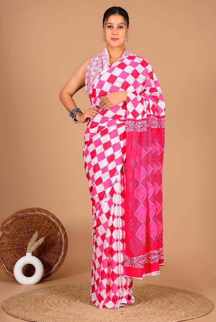 Pink soft mul cotton saree with unstiched attached blouse piece