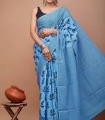 Blue soft mul cotton saree with unstiched attached blouse piece