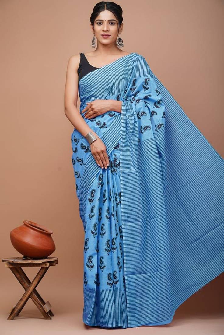 Blue soft mul cotton saree with unstiched attached blouse piece