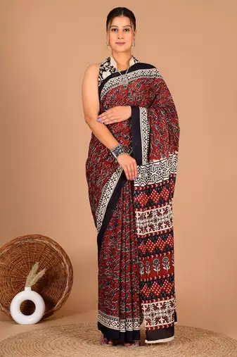 Brown soft mul cotton saree with unstiched attached blouse piece